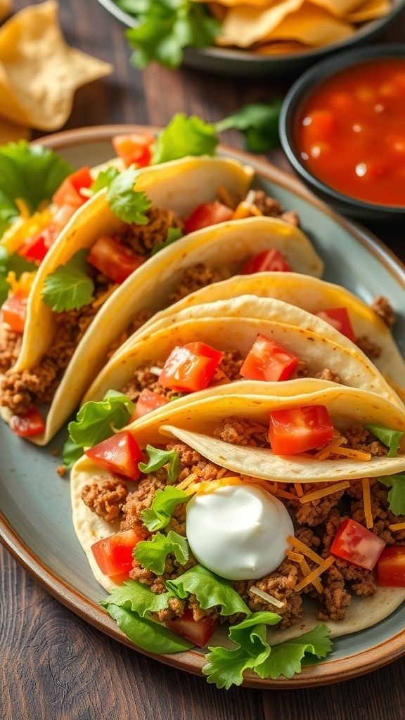 A plate of tacos filled with seasoned meat and fresh toppings, served with salsa and chips.